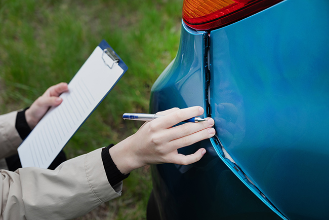 Home insurance agent draws up documents after accident. services of insurance companies concept